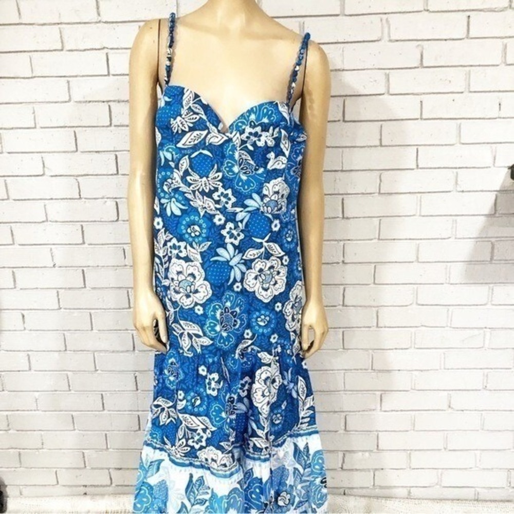 Farm Rio Full Of Flowers Tropical Floral Beaded Strap Tiered Midi Boho XL NWT